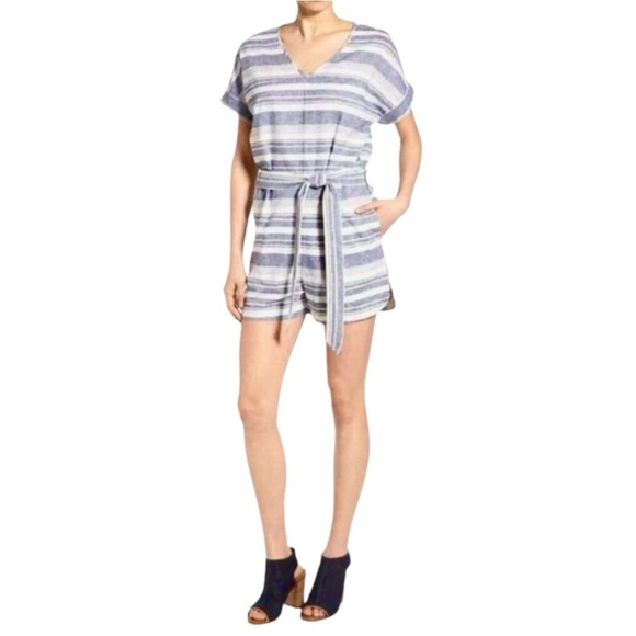 Madewell Perimeter Striped Linen Blend V Neck Casual Romper Women’s Large - Picture 2 of 15